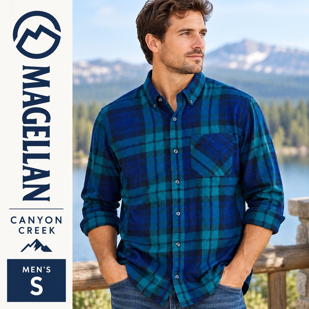 Magellan Canyon Creek Flannel Shirt Men S Blue Green Plaid Classic Fit Outdoorsy